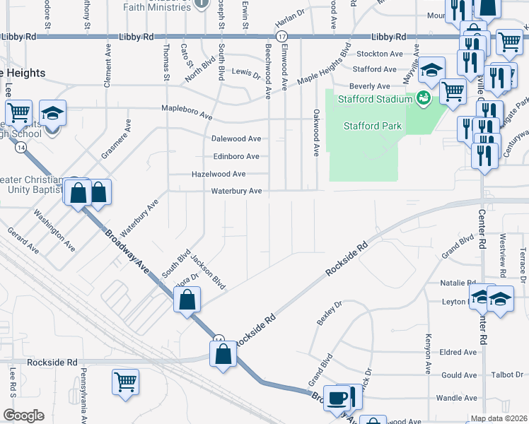 map of restaurants, bars, coffee shops, grocery stores, and more near 91 Thames Avenue in Bedford