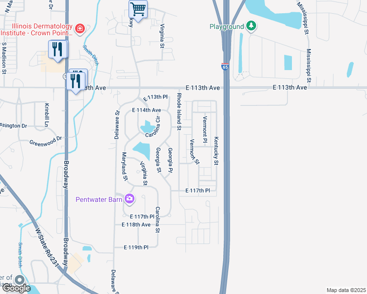 map of restaurants, bars, coffee shops, grocery stores, and more near 11517 Rhode Island Street in Crown Point