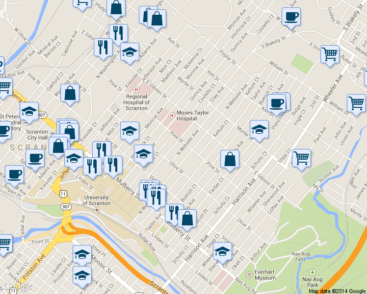 map of restaurants, bars, coffee shops, grocery stores, and more near 1116-1198 Pine St in Scranton