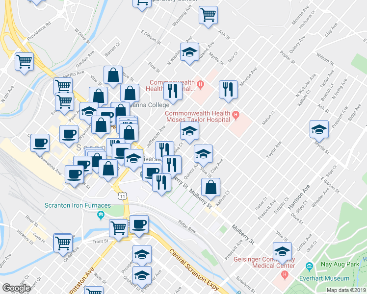 map of restaurants, bars, coffee shops, grocery stores, and more near 815 Vine Street in Scranton
