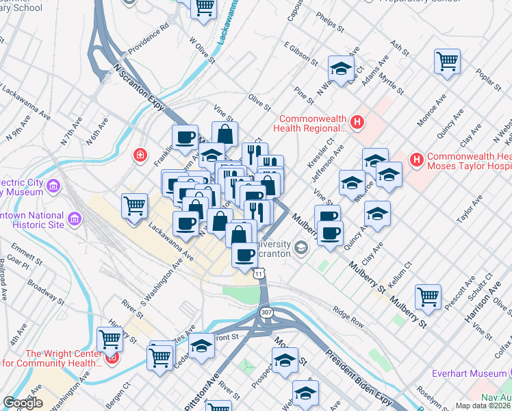 map of restaurants, bars, coffee shops, grocery stores, and more near 336 Adams Avenue in Scranton