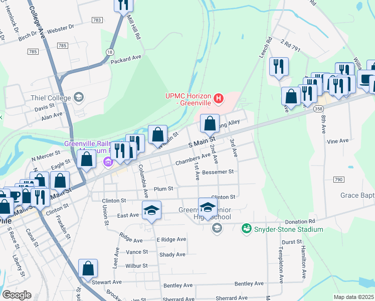 map of restaurants, bars, coffee shops, grocery stores, and more near 10 Mowery Street in Greenville