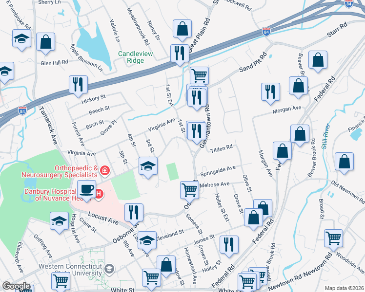 map of restaurants, bars, coffee shops, grocery stores, and more near 94 Hospital Avenue in Danbury