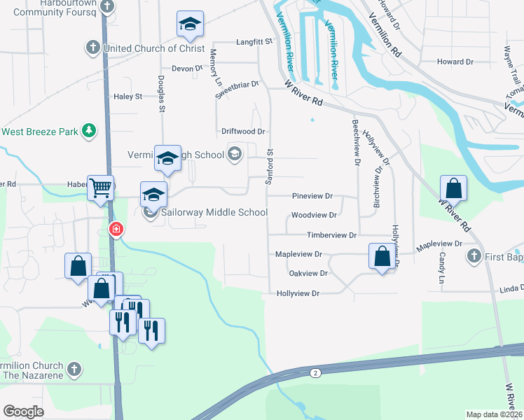 map of restaurants, bars, coffee shops, grocery stores, and more near 1340 Sanford Street in Vermilion