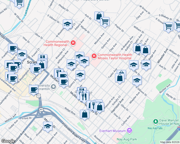 map of restaurants, bars, coffee shops, grocery stores, and more near 621 Clay Avenue in Scranton