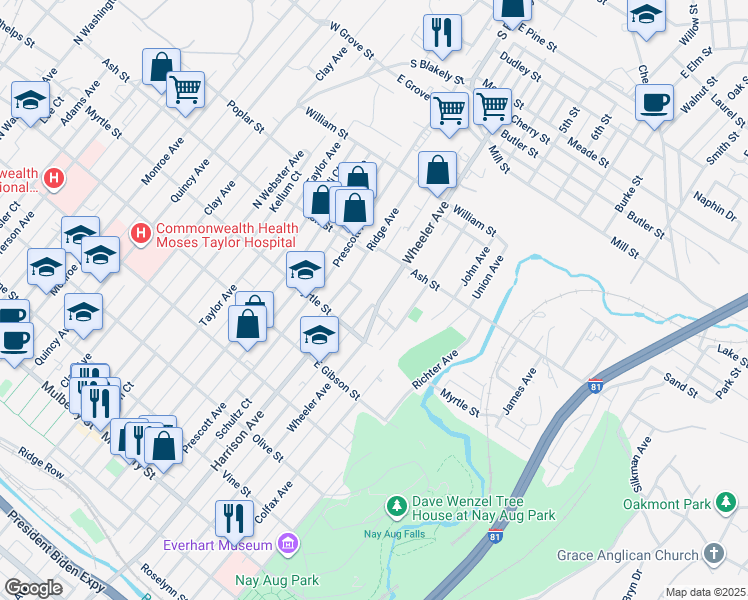 map of restaurants, bars, coffee shops, grocery stores, and more near 937 Wheeler Avenue in Scranton