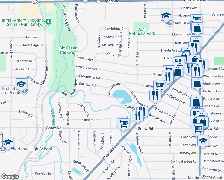 map of restaurants, bars, coffee shops, grocery stores, and more near 5615 Overlook Road in Parma