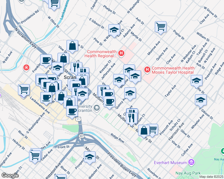 map of restaurants, bars, coffee shops, grocery stores, and more near 815 Vine Street in Scranton