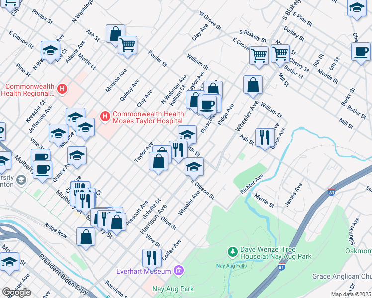 map of restaurants, bars, coffee shops, grocery stores, and more near 843 Prescott Ave in Scranton