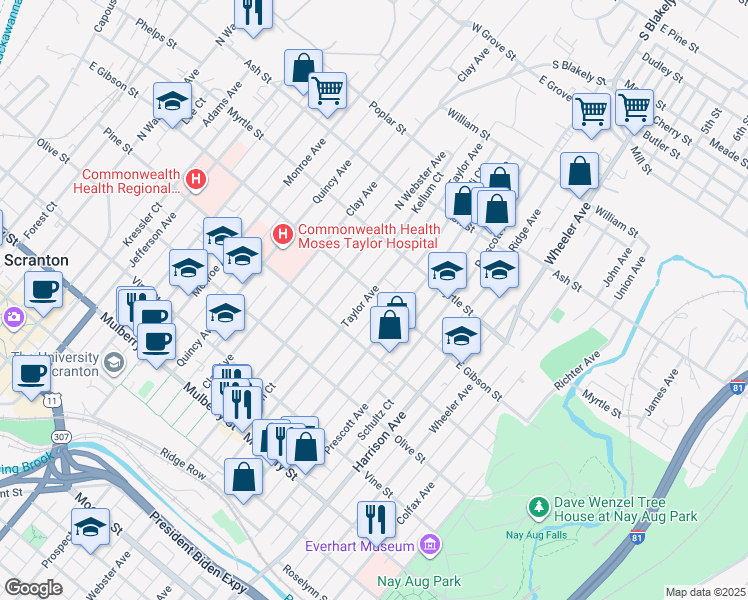 map of restaurants, bars, coffee shops, grocery stores, and more near 1302 E Gibson St in Scranton