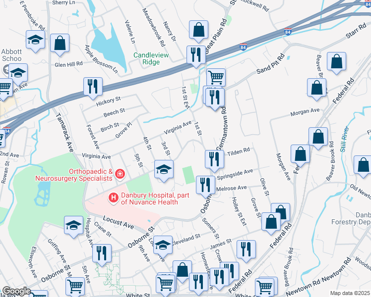 map of restaurants, bars, coffee shops, grocery stores, and more near 90 Hospital Avenue in Danbury