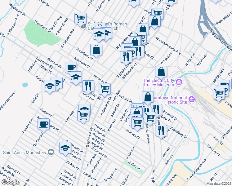 map of restaurants, bars, coffee shops, grocery stores, and more near 244 10th Avenue in Scranton