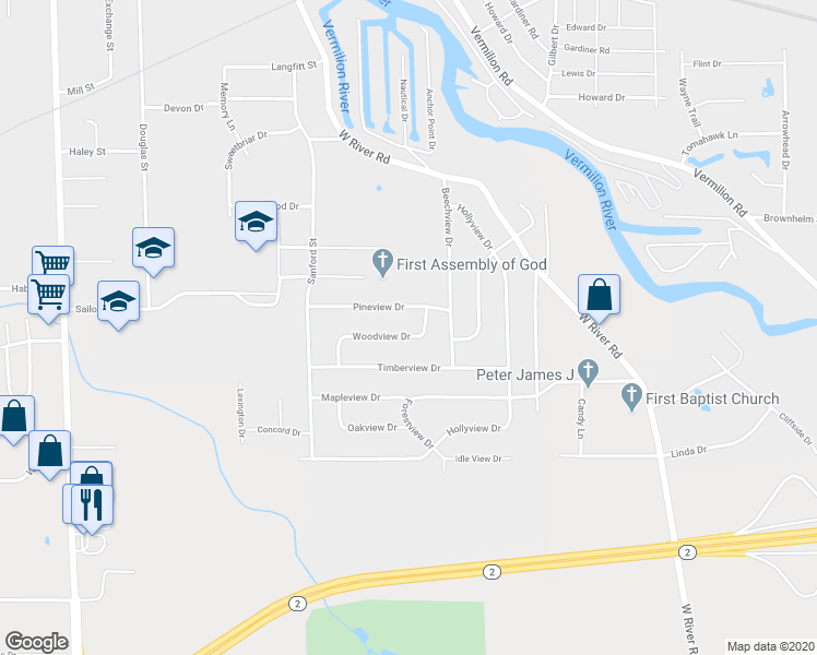 map of restaurants, bars, coffee shops, grocery stores, and more near 4874 Woodview Drive in Vermilion