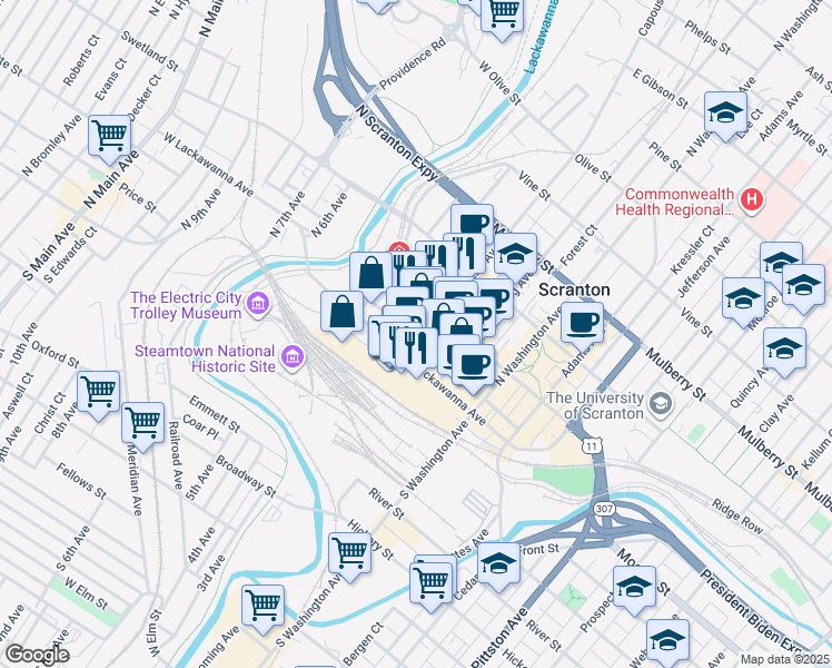 map of restaurants, bars, coffee shops, grocery stores, and more near 111 Penn Avenue in Scranton