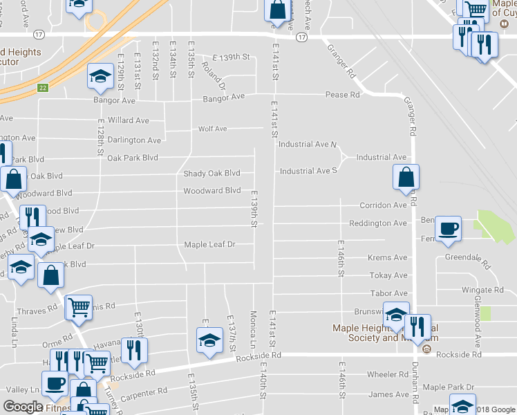 map of restaurants, bars, coffee shops, grocery stores, and more near 5687 East 139th Street in Garfield Heights