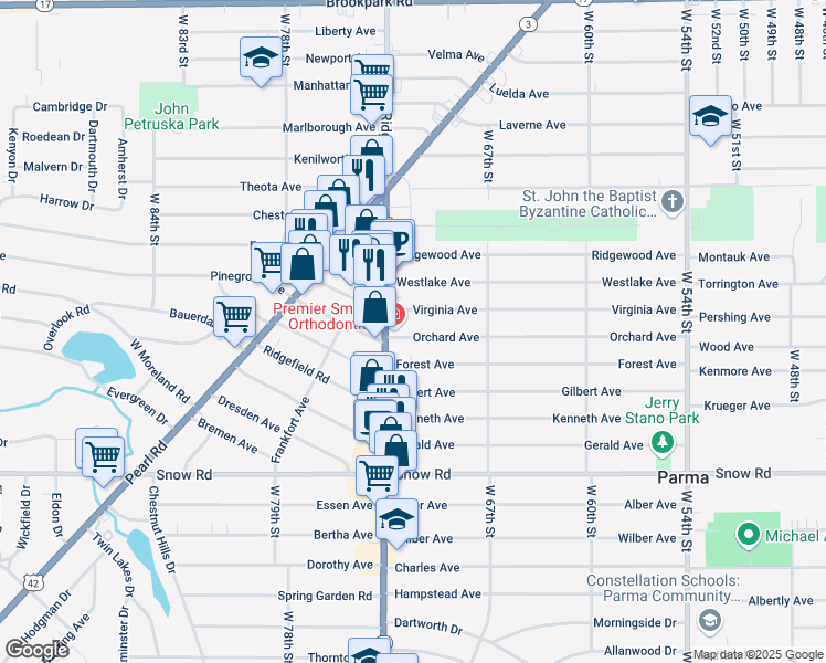 map of restaurants, bars, coffee shops, grocery stores, and more near 7110 Orchard Avenue in Parma