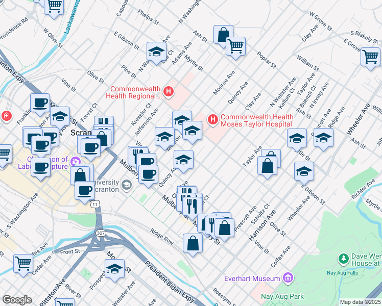 map of restaurants, bars, coffee shops, grocery stores, and more near 1003 Olive St in Scranton
