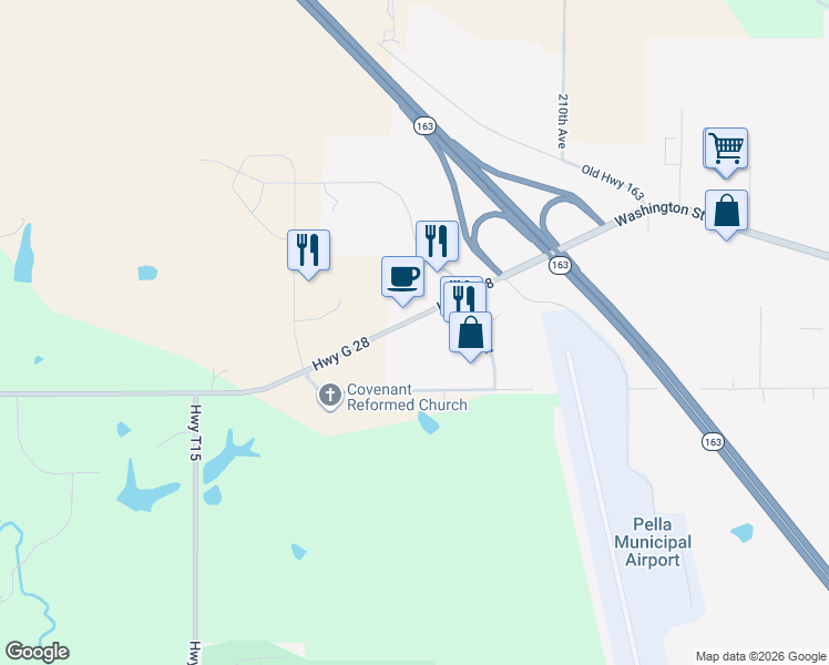 map of restaurants, bars, coffee shops, grocery stores, and more near 2605 Washington Street in Pella