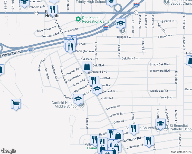 map of restaurants, bars, coffee shops, grocery stores, and more near 12313 Eastwood Boulevard in Garfield Heights