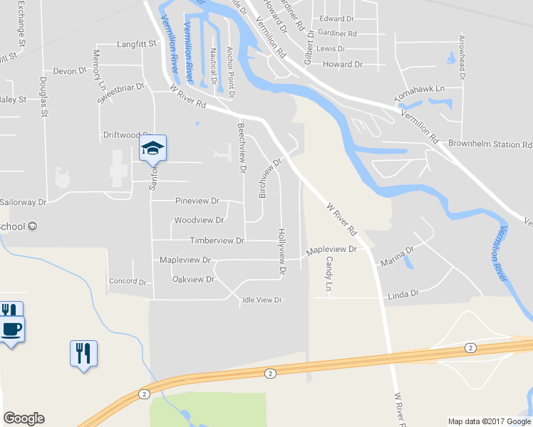 map of restaurants, bars, coffee shops, grocery stores, and more near 1367 Birchview Drive in Vermilion