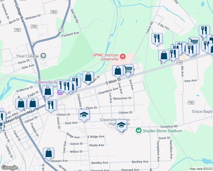 map of restaurants, bars, coffee shops, grocery stores, and more near 10 Mowery Street in Greenville