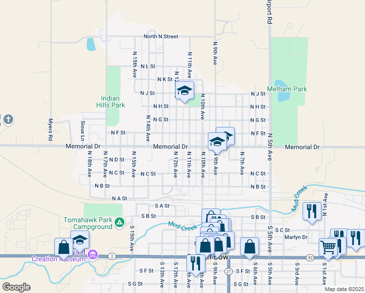 map of restaurants, bars, coffee shops, grocery stores, and more near 1150 Memorial Drive in Broken Bow