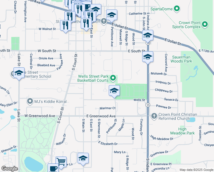 map of restaurants, bars, coffee shops, grocery stores, and more near 506 Dexter Drive in Crown Point