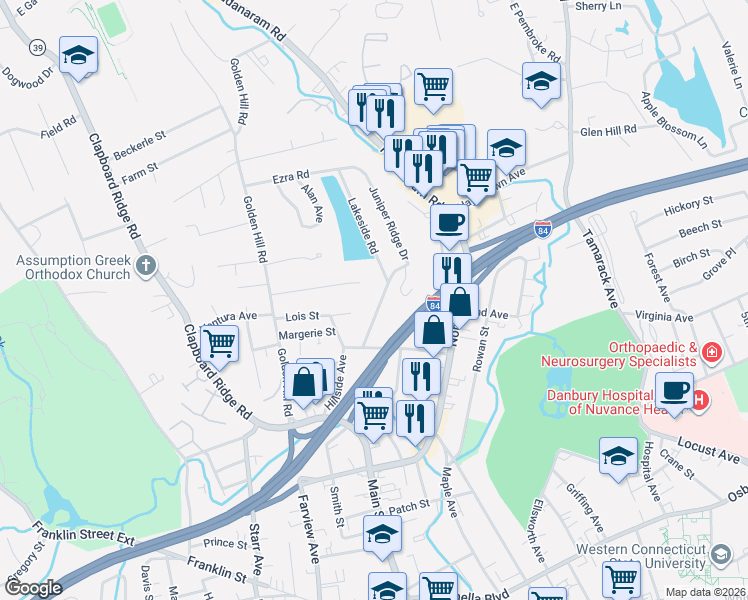 map of restaurants, bars, coffee shops, grocery stores, and more near 8 Juniper Ridge Dr in Danbury