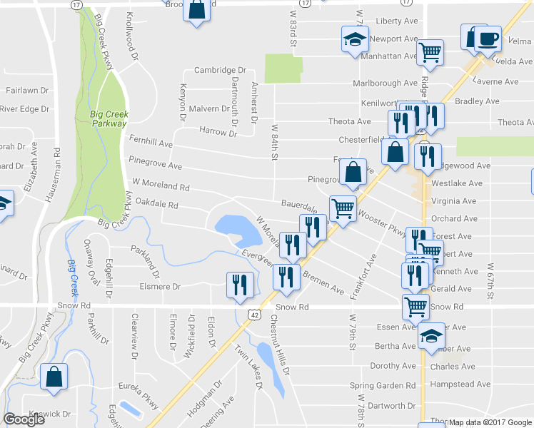 map of restaurants, bars, coffee shops, grocery stores, and more near 8426 Greenlawn Ave in Parma