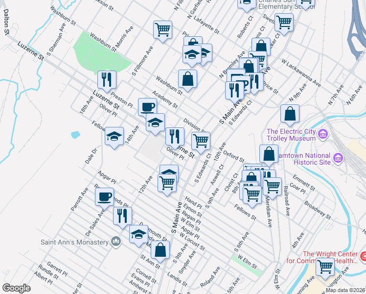 map of restaurants, bars, coffee shops, grocery stores, and more near 1136 Luzerne Street in Scranton