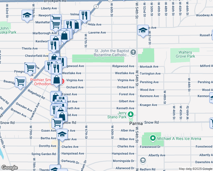 map of restaurants, bars, coffee shops, grocery stores, and more near 6106 Orchard Avenue in Parma