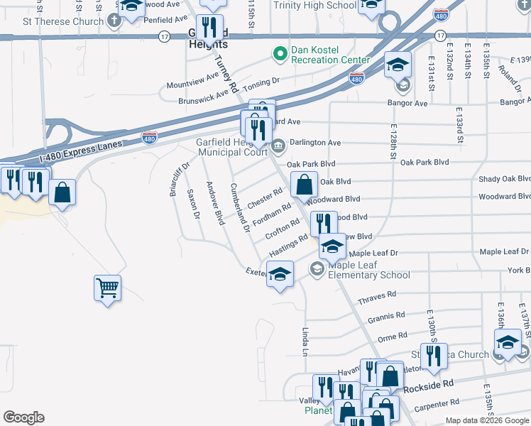 map of restaurants, bars, coffee shops, grocery stores, and more near 11611 Fordham Road in Garfield Heights