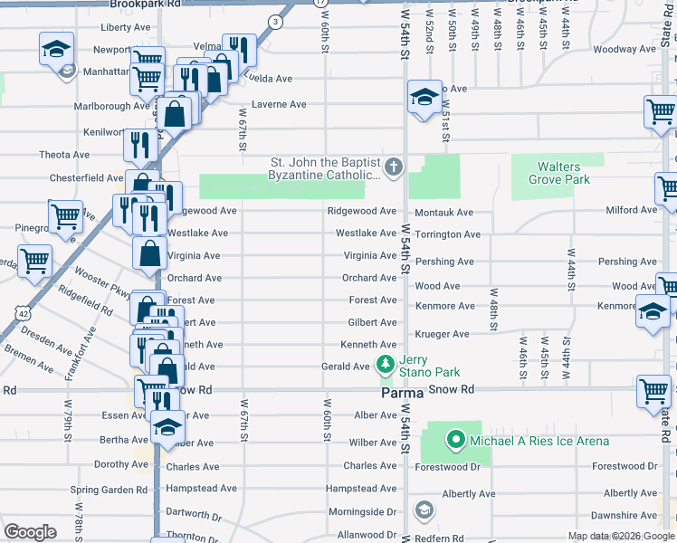map of restaurants, bars, coffee shops, grocery stores, and more near 5814 Orchard Avenue in Parma