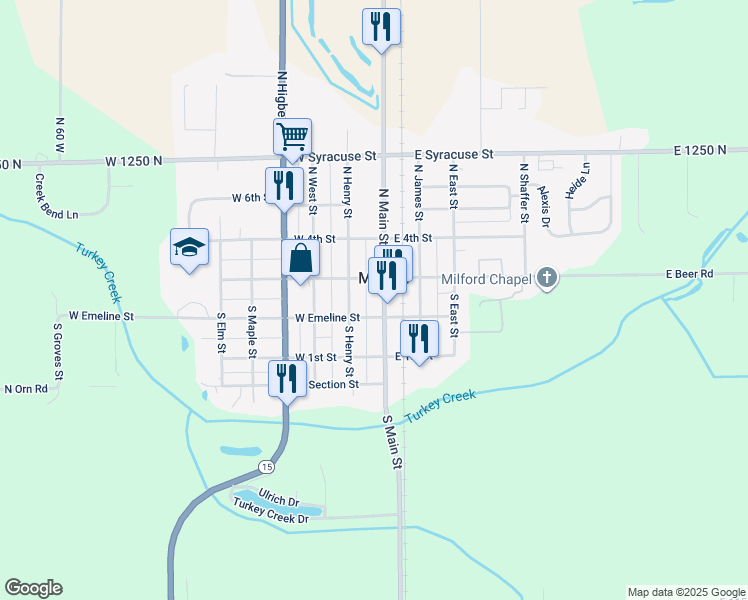 map of restaurants, bars, coffee shops, grocery stores, and more near 121 S Main St in Milford