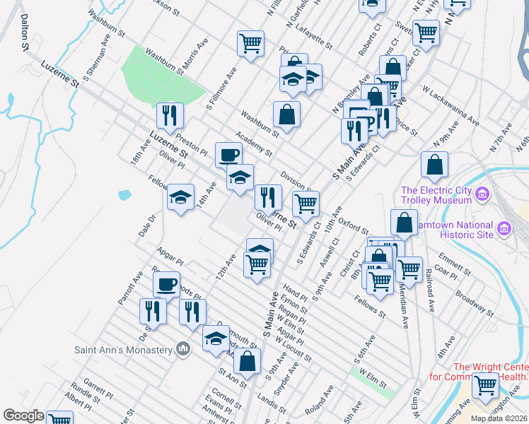 map of restaurants, bars, coffee shops, grocery stores, and more near 1218 Oliver Place in Scranton