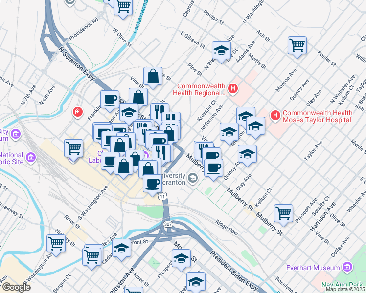 map of restaurants, bars, coffee shops, grocery stores, and more near 403 Jefferson Avenue in Scranton