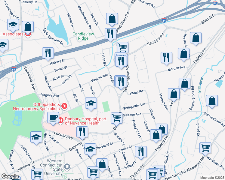 map of restaurants, bars, coffee shops, grocery stores, and more near 94 Hospital Avenue in Danbury