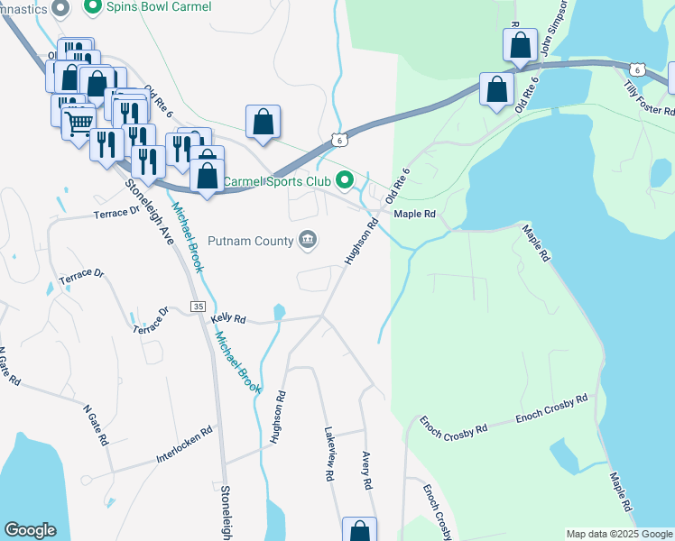 map of restaurants, bars, coffee shops, grocery stores, and more near 130 Hughson Road in Carmel Hamlet