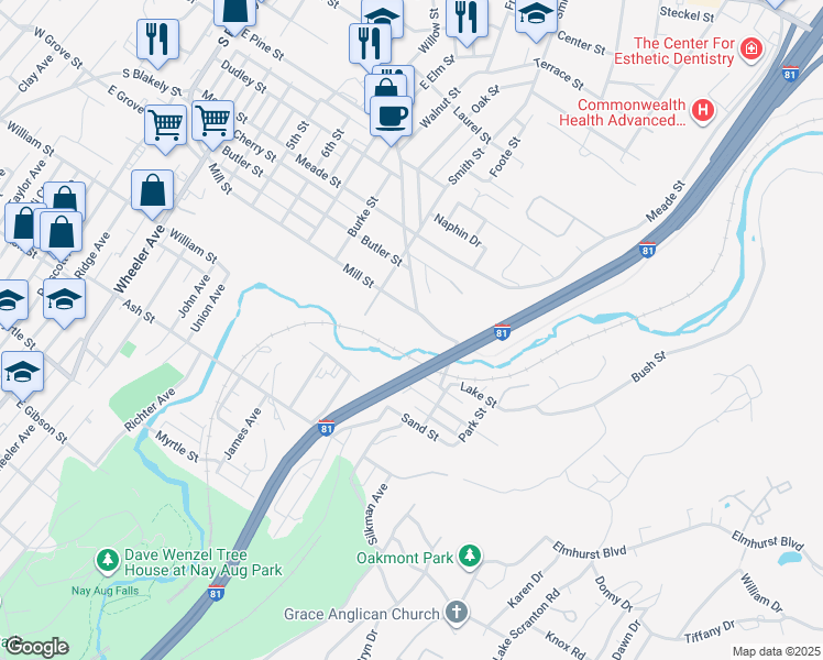 map of restaurants, bars, coffee shops, grocery stores, and more near 1000-1098 Mill St in Dunmore