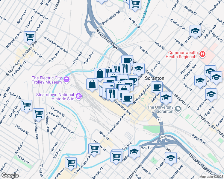 map of restaurants, bars, coffee shops, grocery stores, and more near 111 Penn Avenue in Scranton