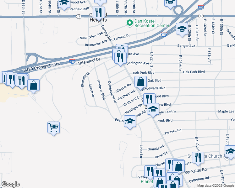 map of restaurants, bars, coffee shops, grocery stores, and more near 11517 Fordham Road in Garfield Heights