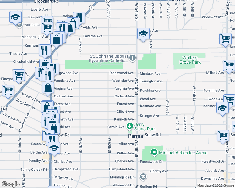map of restaurants, bars, coffee shops, grocery stores, and more near 5814 Orchard Avenue in Parma