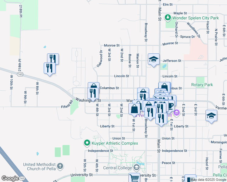 map of restaurants, bars, coffee shops, grocery stores, and more near 913 West 3rd Street in Pella