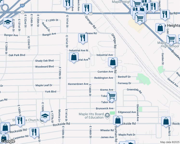 map of restaurants, bars, coffee shops, grocery stores, and more near 5215 East 146th Street in Maple Heights
