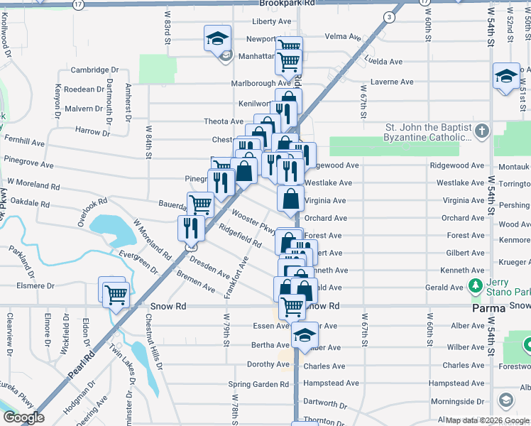 map of restaurants, bars, coffee shops, grocery stores, and more near 7507 Arden Avenue in Cleveland