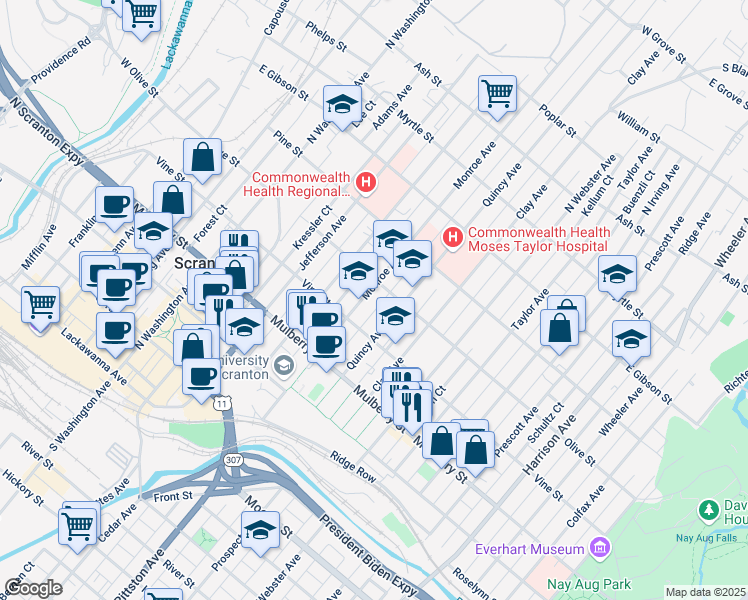 map of restaurants, bars, coffee shops, grocery stores, and more near 520 Monroe Avenue in Scranton