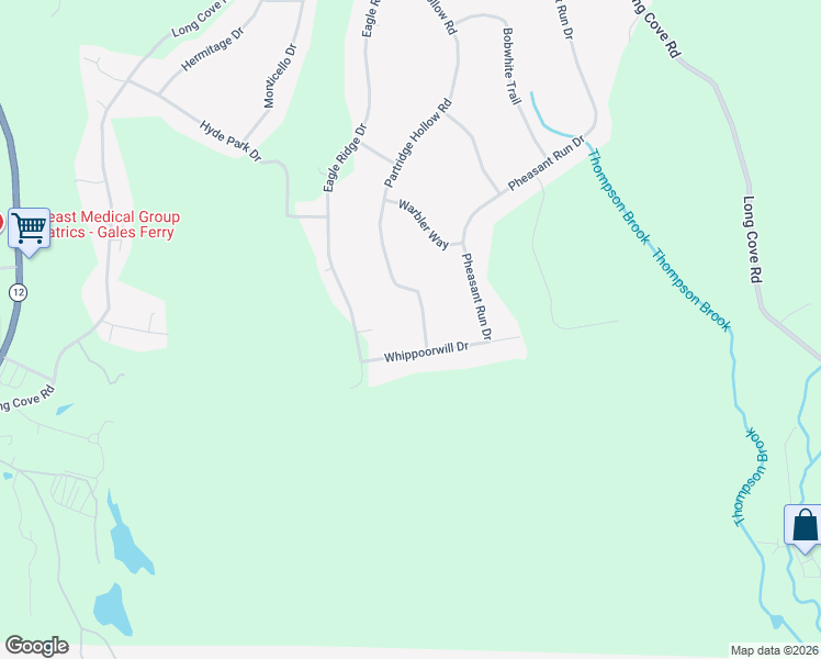 map of restaurants, bars, coffee shops, grocery stores, and more near 16 Whippoorwill Drive in Ledyard