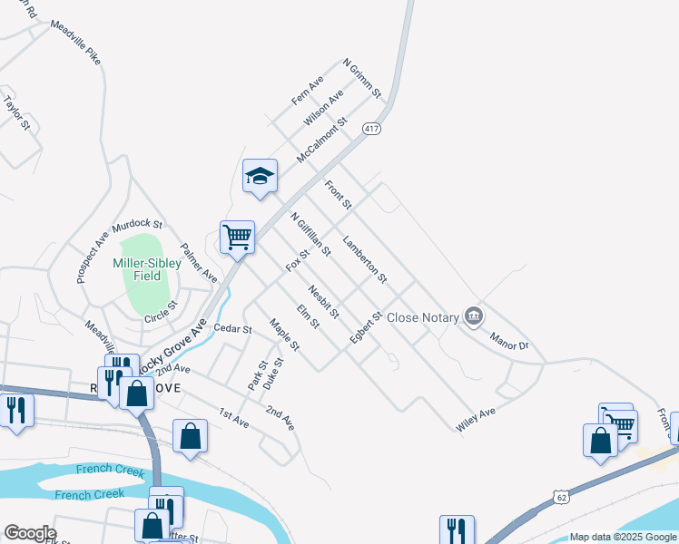 map of restaurants, bars, coffee shops, grocery stores, and more near 138 North Gilfillan Street in Franklin