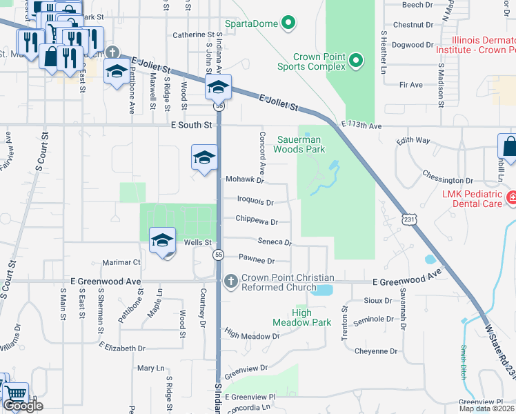 map of restaurants, bars, coffee shops, grocery stores, and more near 931 Iroquois Drive in Crown Point