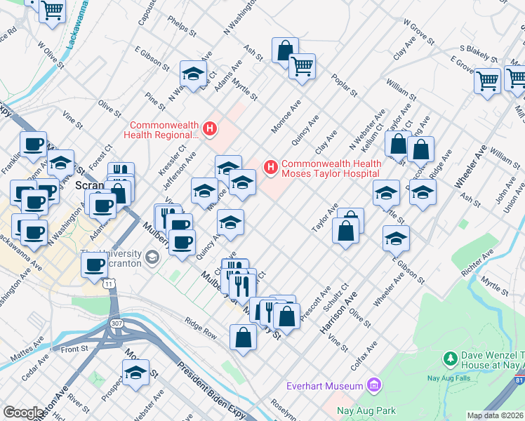 map of restaurants, bars, coffee shops, grocery stores, and more near 621 Clay Avenue in Scranton